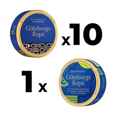 10 Göteborgs Rapé Gullbergs Kaj White Portionssnus + 1 Göteborgs Rapé Masthugget Mixpack